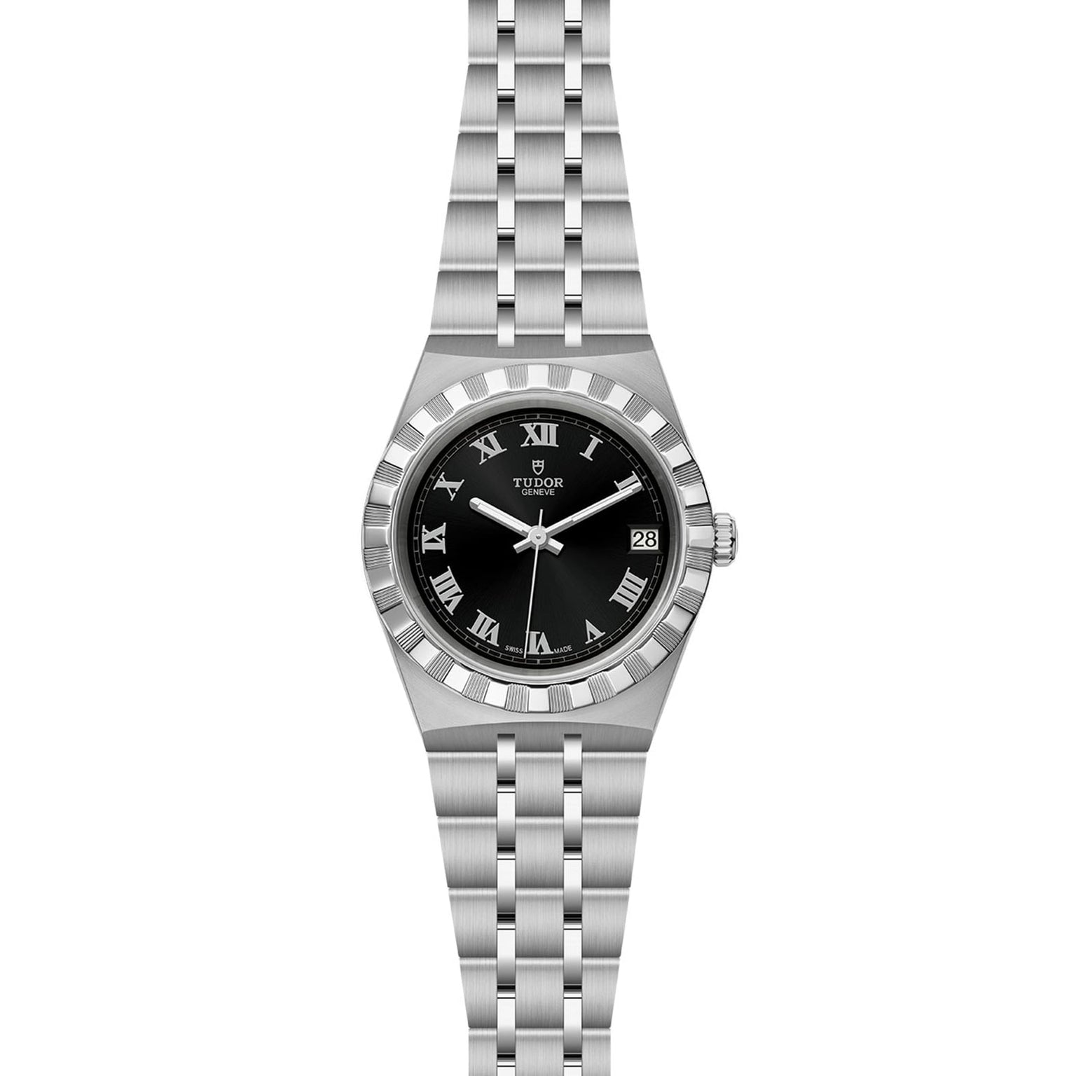 The TUDOR Royal is a stainless steel wristwatch with a black dial, Roman numerals, date at 3 o’clock, and a five-link bracelet—an ideal sport-chic timepiece for your collection.