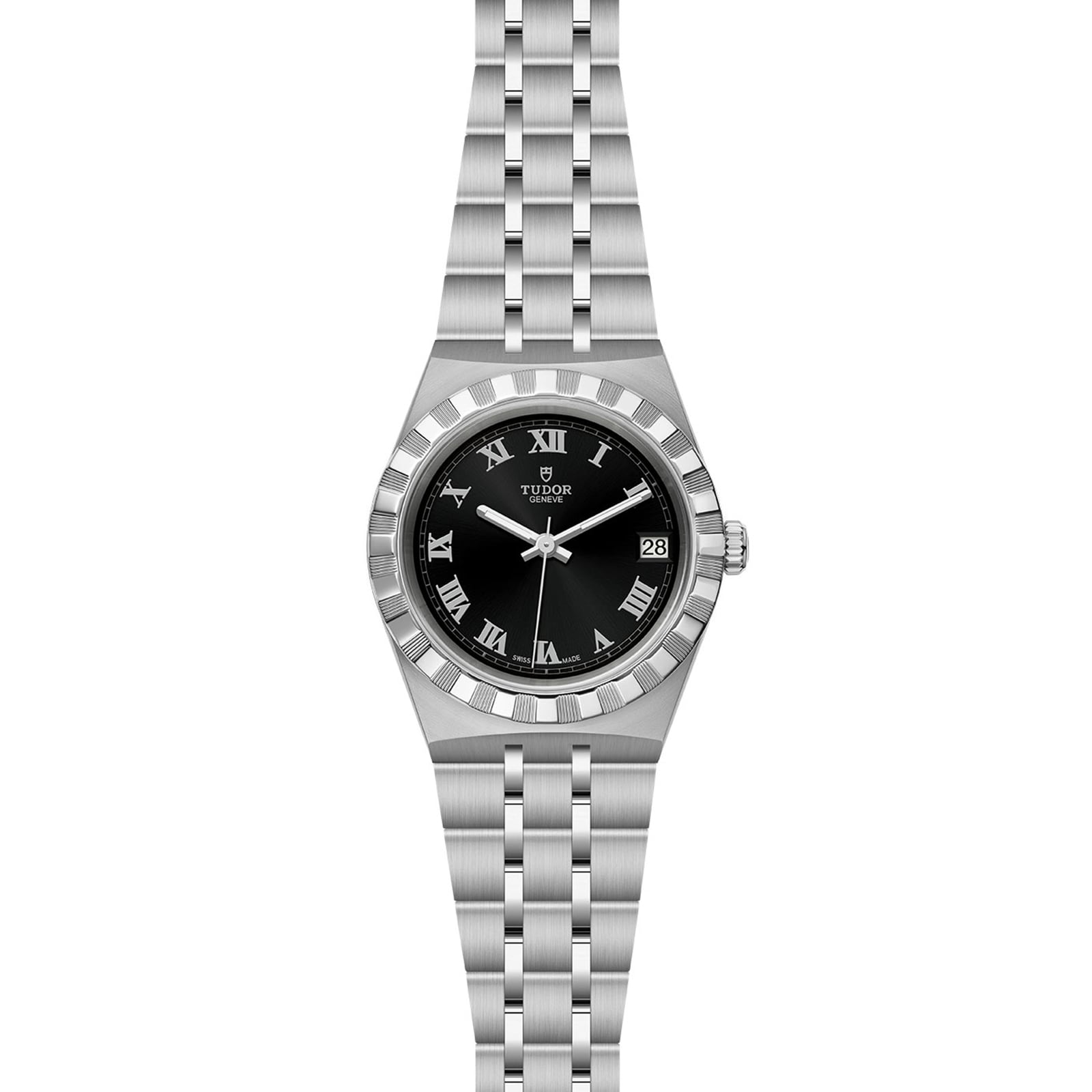 The TUDOR Royal is a stainless steel wristwatch with a black dial, Roman numerals, date at 3 o’clock, and a five-link bracelet—an ideal sport-chic timepiece for your collection.