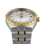 The TUDOR Royal blends sport-chic style and elegance in stainless steel and gold, featuring a white mother-of-pearl dial with diamond markers, gold Roman numerals, and a date at 3 o’clock.