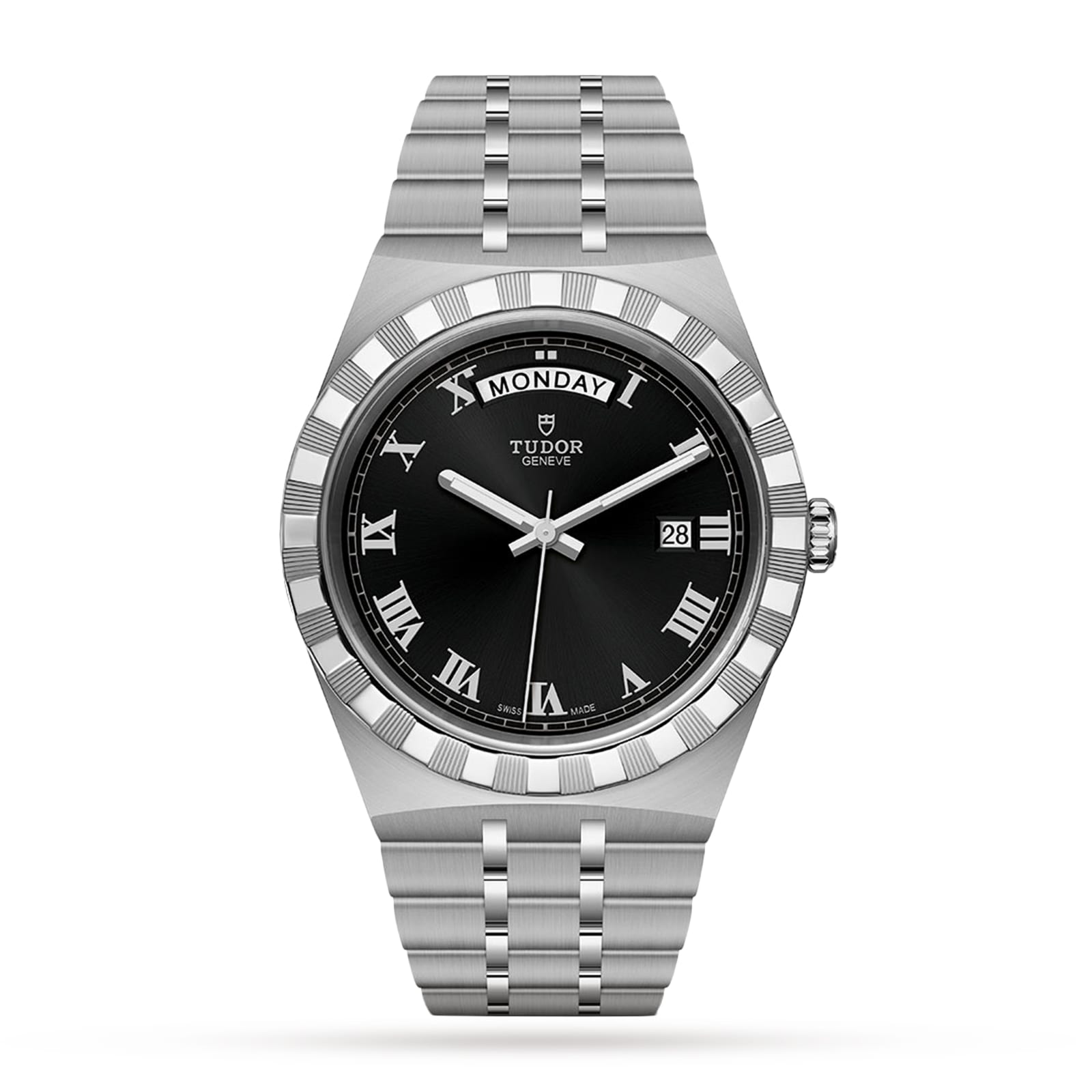 The TUDOR Royal is a stainless steel and gold wristwatch with a black dial, Roman numerals, day at 12 o’clock, date at 3 o’clock, and link bracelet—combining automatic sport-chic style with advanced performance.