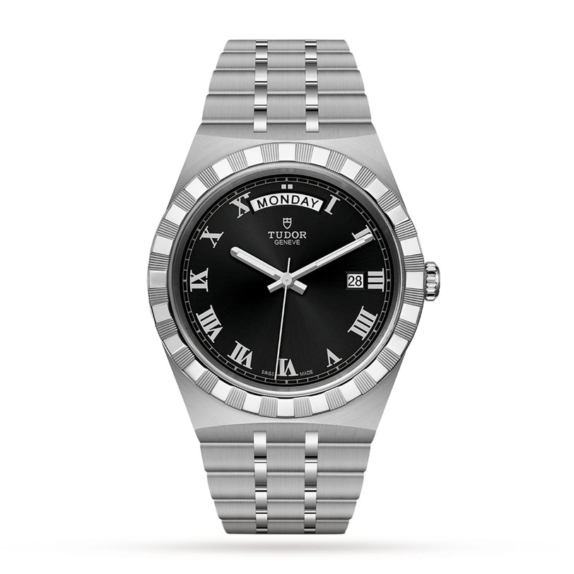 The TUDOR Royal is a stainless steel and gold wristwatch with a black dial, Roman numerals, day at 12 o’clock, date at 3 o’clock, and link bracelet—combining automatic sport-chic style with advanced performance.