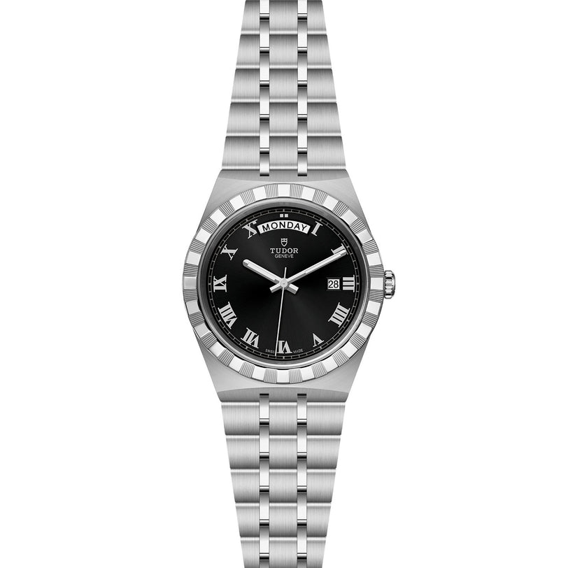 The TUDOR Royal is a stainless steel wristwatch featuring a black dial, Roman numeral hour markers, and day-date display—uniting sport-chic style with advanced technical performance.