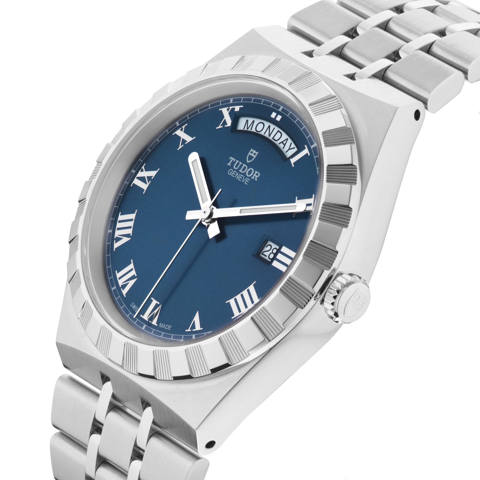 The TUDOR Royal features a blue dial with Roman numerals, day and date display, and an integrated stainless steel bracelet—classic elements of the brand’s automatic sport-chic watches.