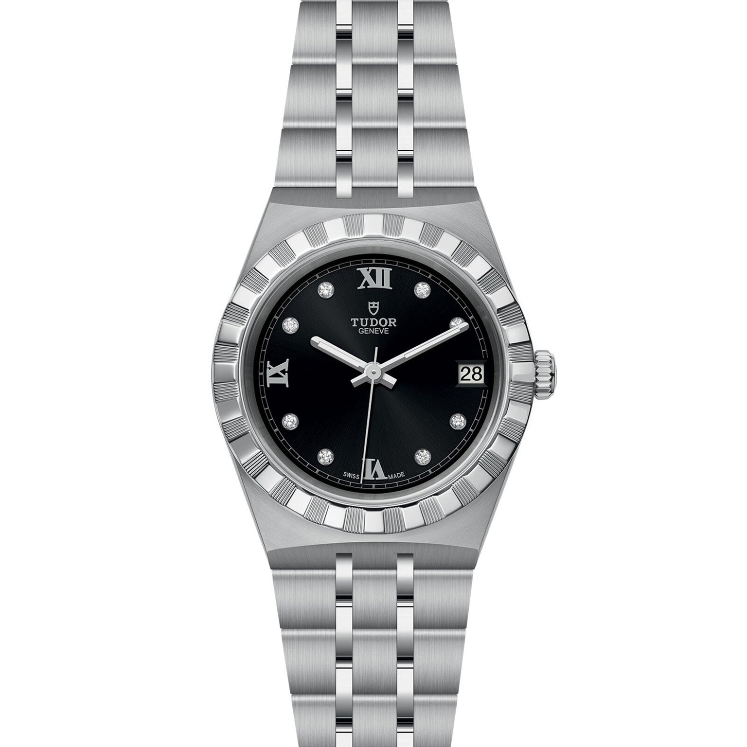The TUDOR Royal is a stainless steel wristwatch featuring a black dial with Roman numerals, date at 3 o’clock, and an integrated five-link bracelet—capturing the automatic sport-chic style.