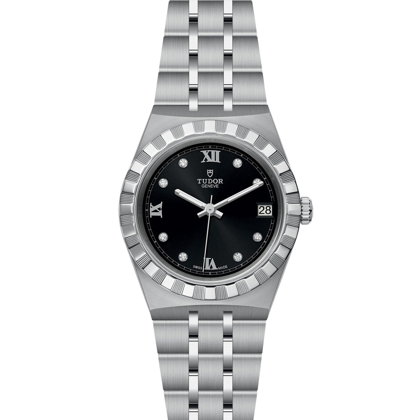 The TUDOR Royal is a stainless steel wristwatch featuring a black dial with Roman numerals, date at 3 o’clock, and an integrated five-link bracelet—capturing the automatic sport-chic style.
