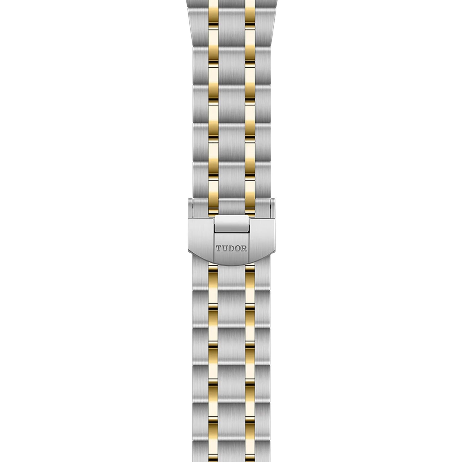 A two-tone TUDOR Royal bracelet with alternating silver and gold links, featuring a clasp engraved with TUDOR—ideal for fans of the TUDOR brand and the UKs favorite Royal models.