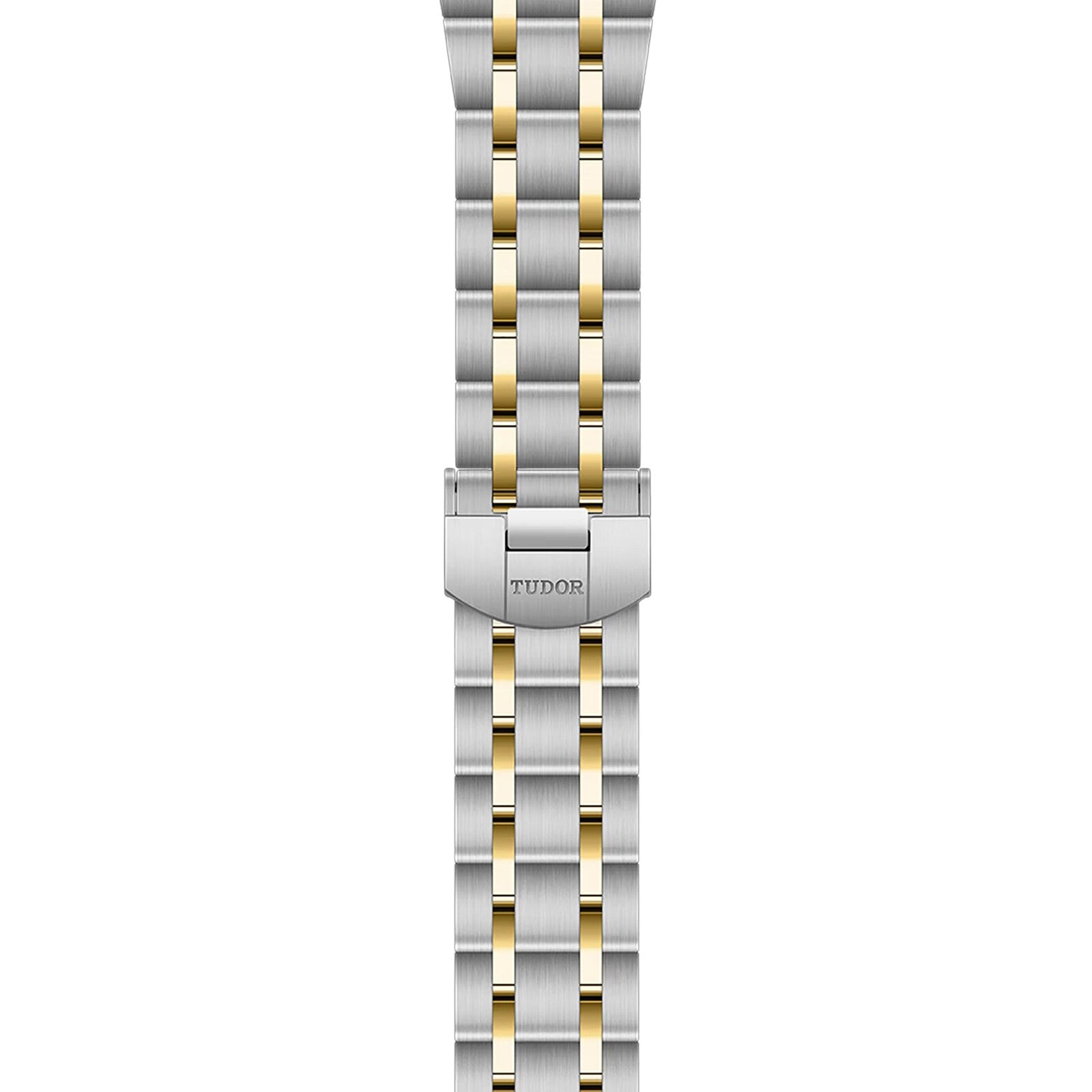 A two-tone TUDOR Royal bracelet with alternating silver and gold links, featuring a clasp engraved with TUDOR—ideal for fans of the TUDOR brand and the UKs favorite Royal models.