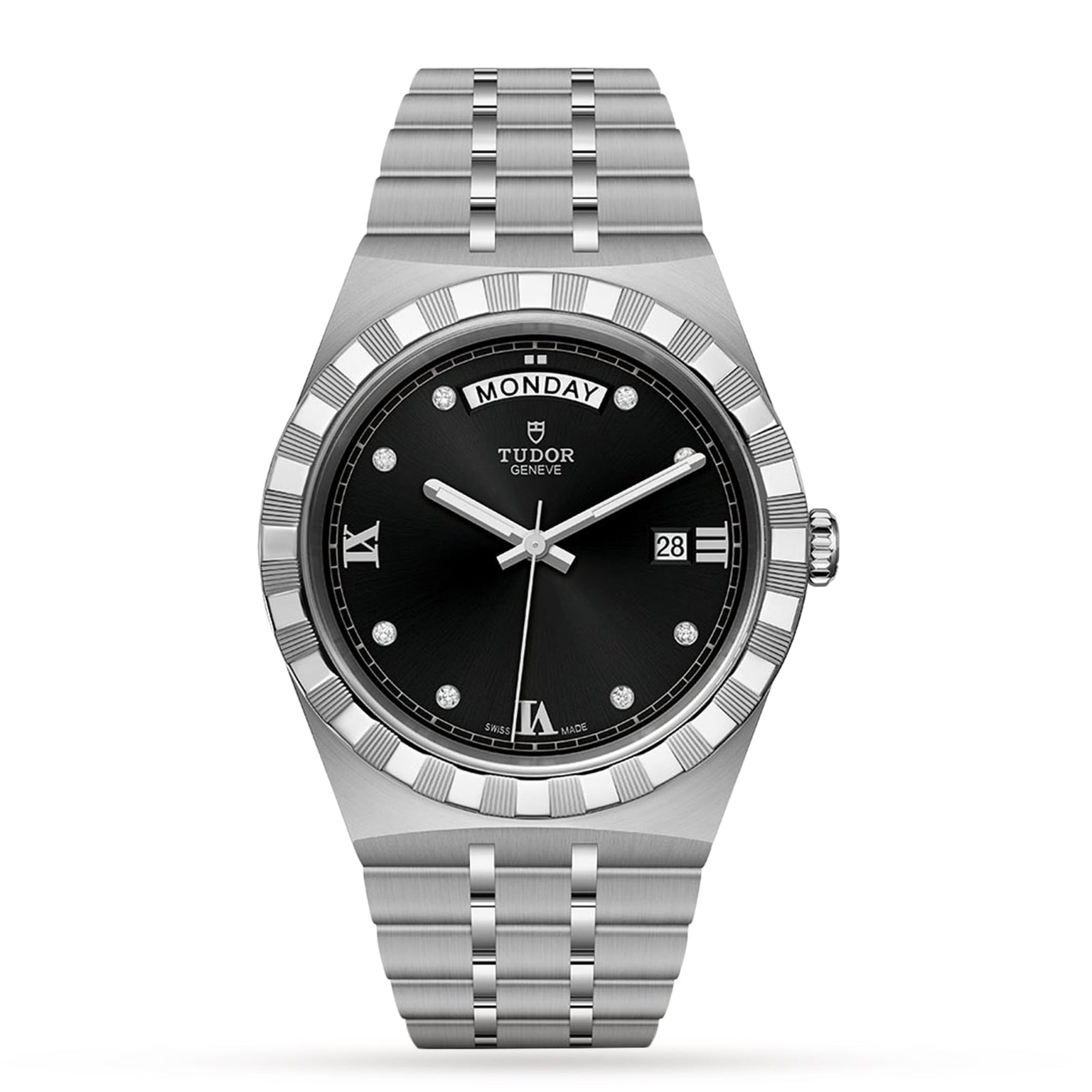 The TUDOR Royal wristwatch features a stainless steel case, black dial, day-date display, Roman numerals, diamond hour markers, and a link bracelet—a sport-chic choice from TUDOR.