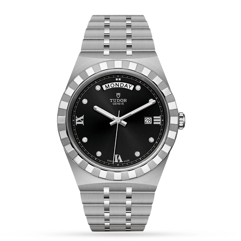 The TUDOR Royal wristwatch features a stainless steel case, black dial, day-date display, Roman numerals, diamond hour markers, and a link bracelet—a sport-chic choice from TUDOR.