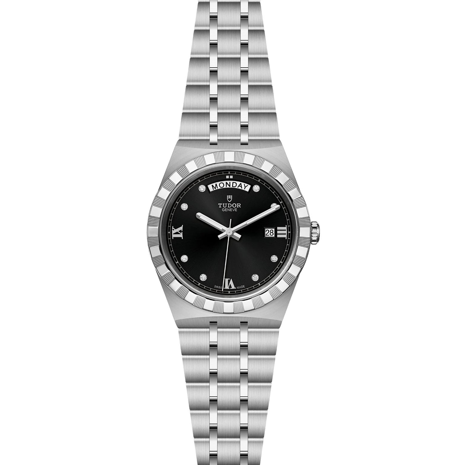 The TUDOR Royal is a stainless steel wristwatch with a black dial, silver markers, day display at 12, date at 3, and metal link bracelet—a sport-chic automatic watch for enthusiasts.