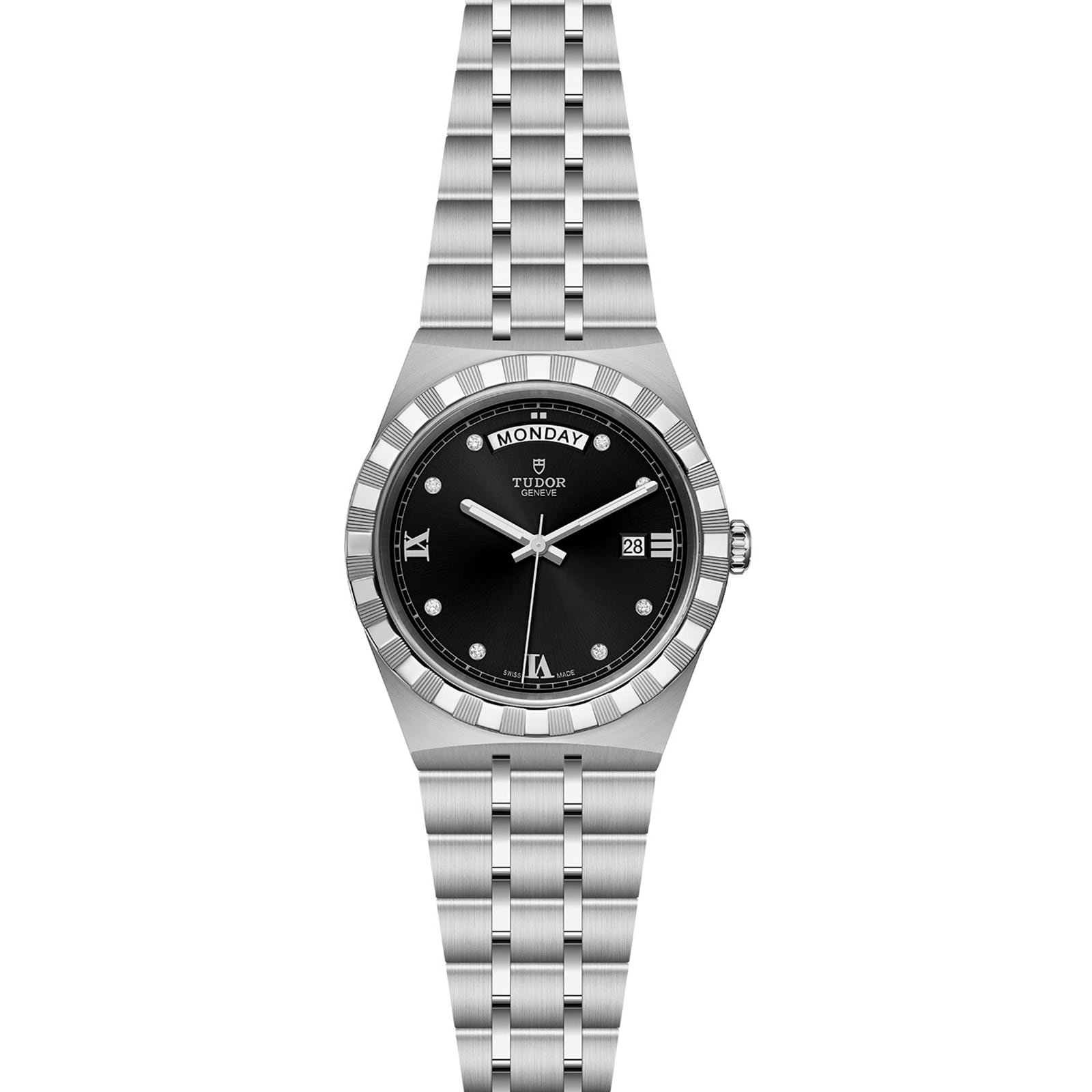 The TUDOR Royal is a stainless steel wristwatch with a black dial, silver markers, day display at 12, date at 3, and metal link bracelet—a sport-chic automatic watch for enthusiasts.
