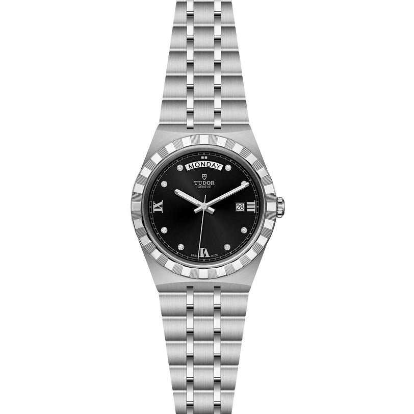 The TUDOR Royal is a stainless steel wristwatch with a black dial, silver markers, day display at 12, date at 3, and metal link bracelet—a sport-chic automatic watch for enthusiasts.