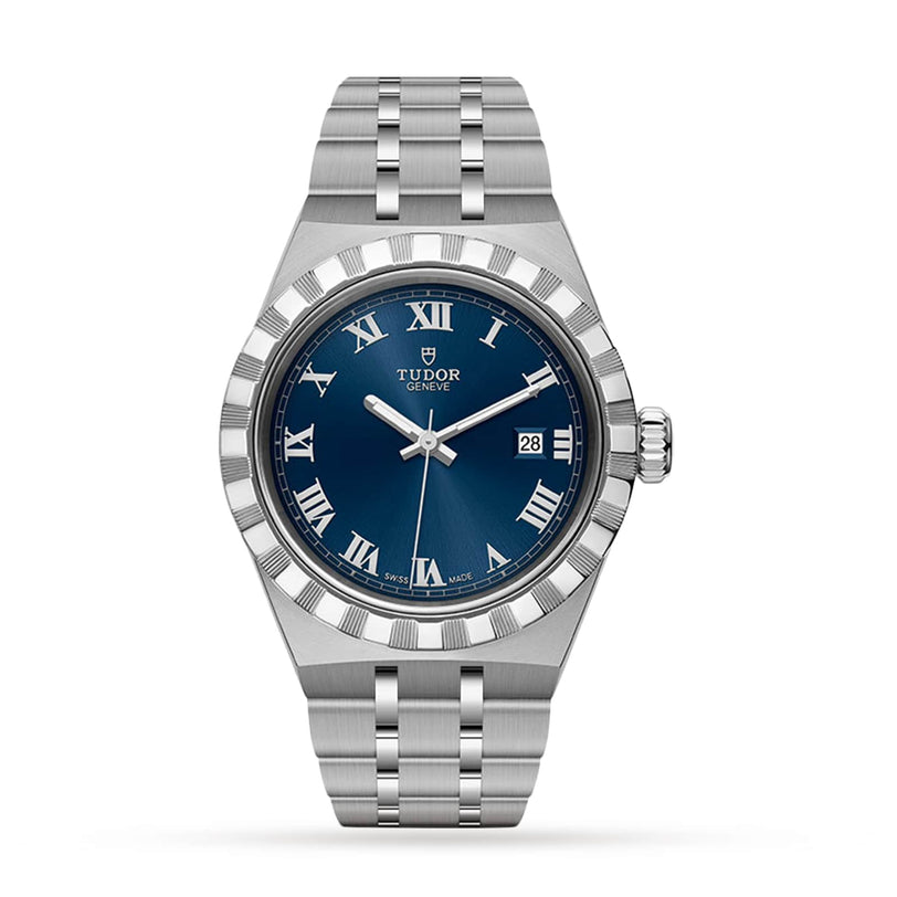 A TUDOR Royal wristwatch in silver featuring a blue dial with Roman numerals, date window, and metal bracelet.