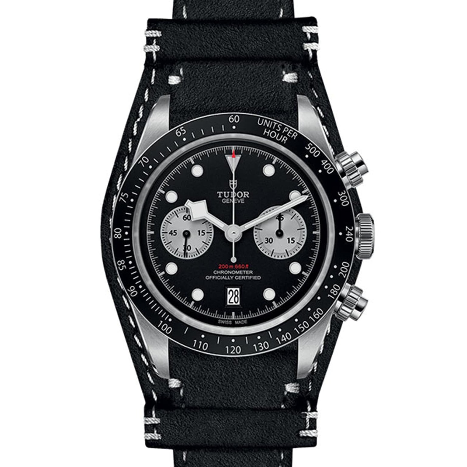 The TUDOR Black Bay Chrono features a black dial, two silver subdials, black bezel, date at 6 oclock, and a black leather strap with white stitching—combining classic chronograph heritage with modern elegance.