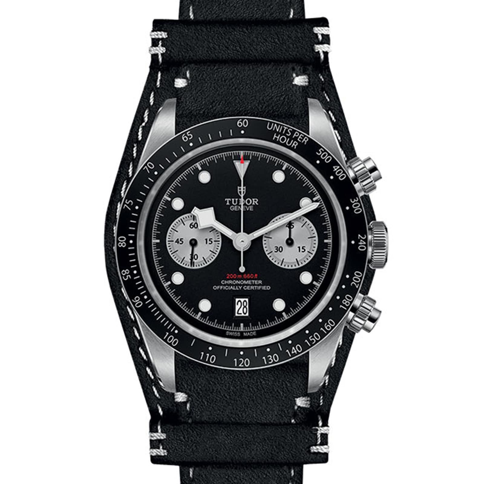 The TUDOR Black Bay Chrono features a black dial, two silver subdials, black bezel, date at 6 oclock, and a black leather strap with white stitching—combining classic chronograph heritage with modern elegance.