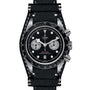 The TUDOR Black Bay Chrono features a black dial, two silver subdials, black bezel, date at 6 oclock, and a black leather strap with white stitching—combining classic chronograph heritage with modern elegance.