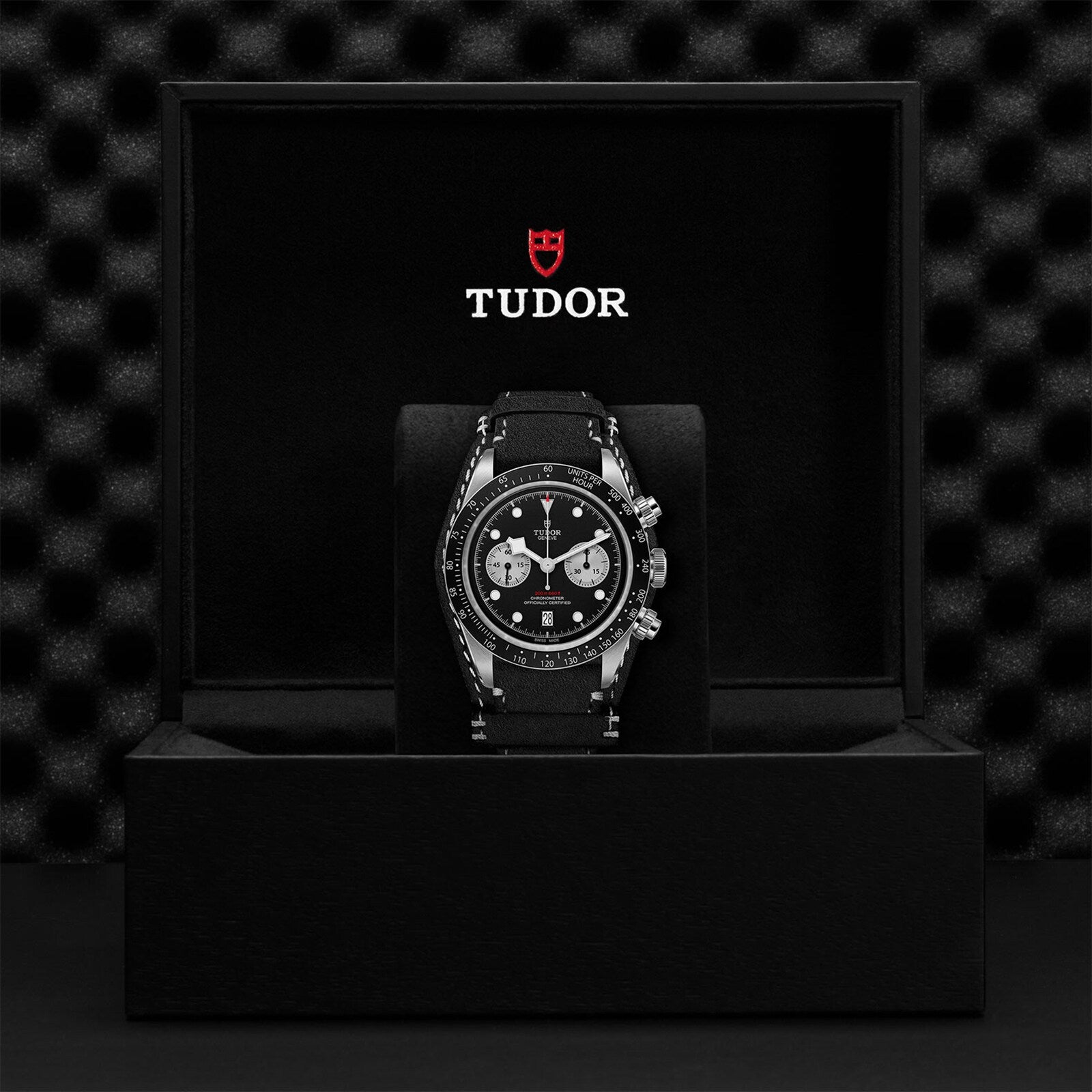 A TUDOR Black Bay Chrono wristwatch with a black and silver dial is showcased in an open black box bearing the TUDOR logo and shield emblem inside the lid.