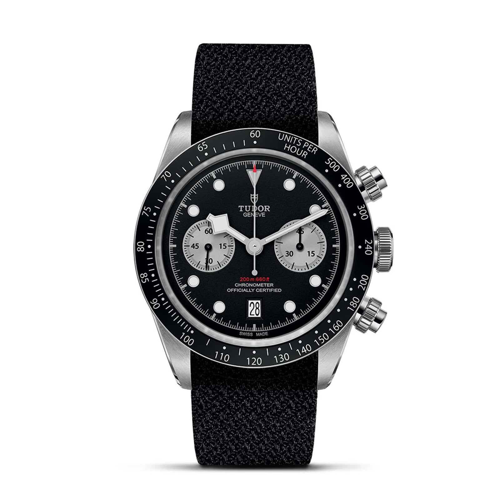 The TUDOR Black Bay Chrono features a black dial, two silver subdials, a black bezel, date display at 6 o’clock, and a sleek black fabric strap.