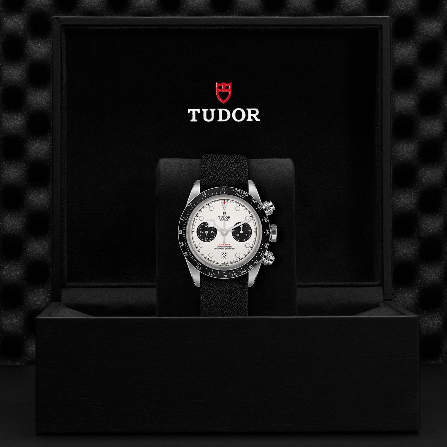 A TUDOR Black Bay Chrono with a black strap and white dial stands upright in an open black TUDOR box, highlighting its signature chronograph style and tachymetric scale.