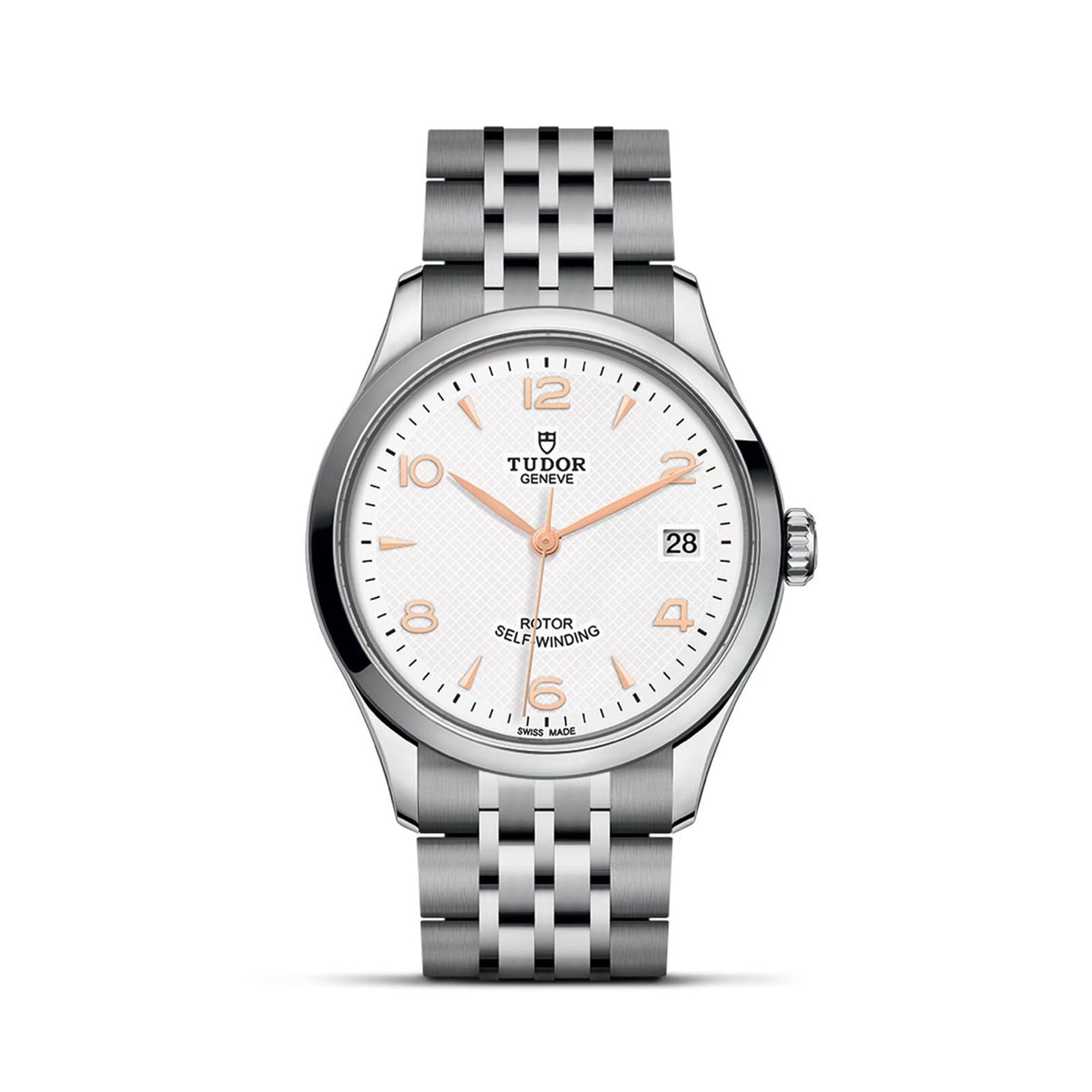 The TUDOR 1926 is a classic stainless steel watch featuring a white dial, gold hour markers, a date window at 3 o’clock, and a five-link metal bracelet—an elegant choice for mechanical watch enthusiasts.