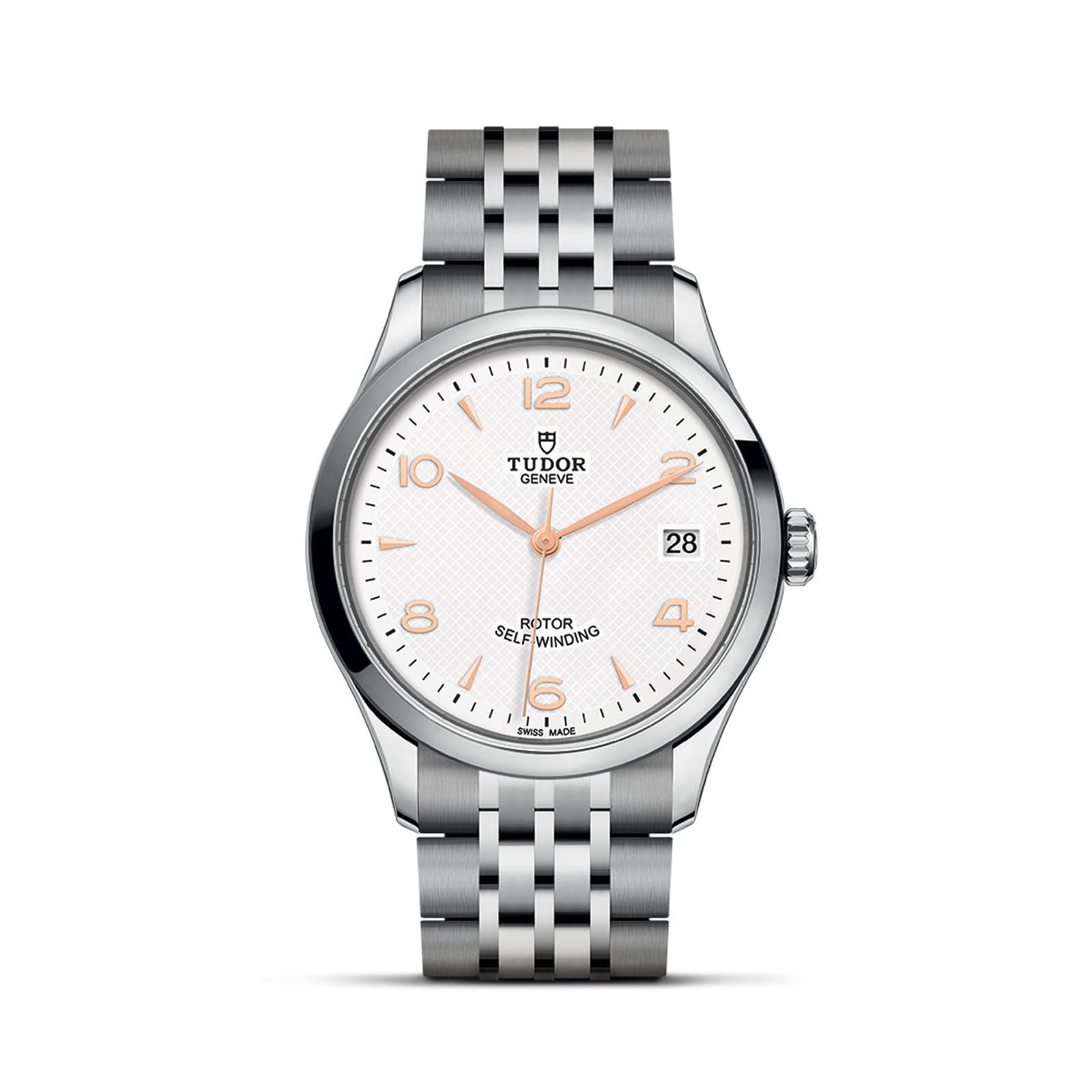 The TUDOR 1926 is a classic stainless steel watch featuring a white dial, gold hour markers, a date window at 3 o’clock, and a five-link metal bracelet—an elegant choice for mechanical watch enthusiasts.