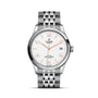 The TUDOR 1926 is a classic stainless steel watch featuring a white dial, gold hour markers, a date window at 3 o’clock, and a five-link metal bracelet—an elegant choice for mechanical watch enthusiasts.