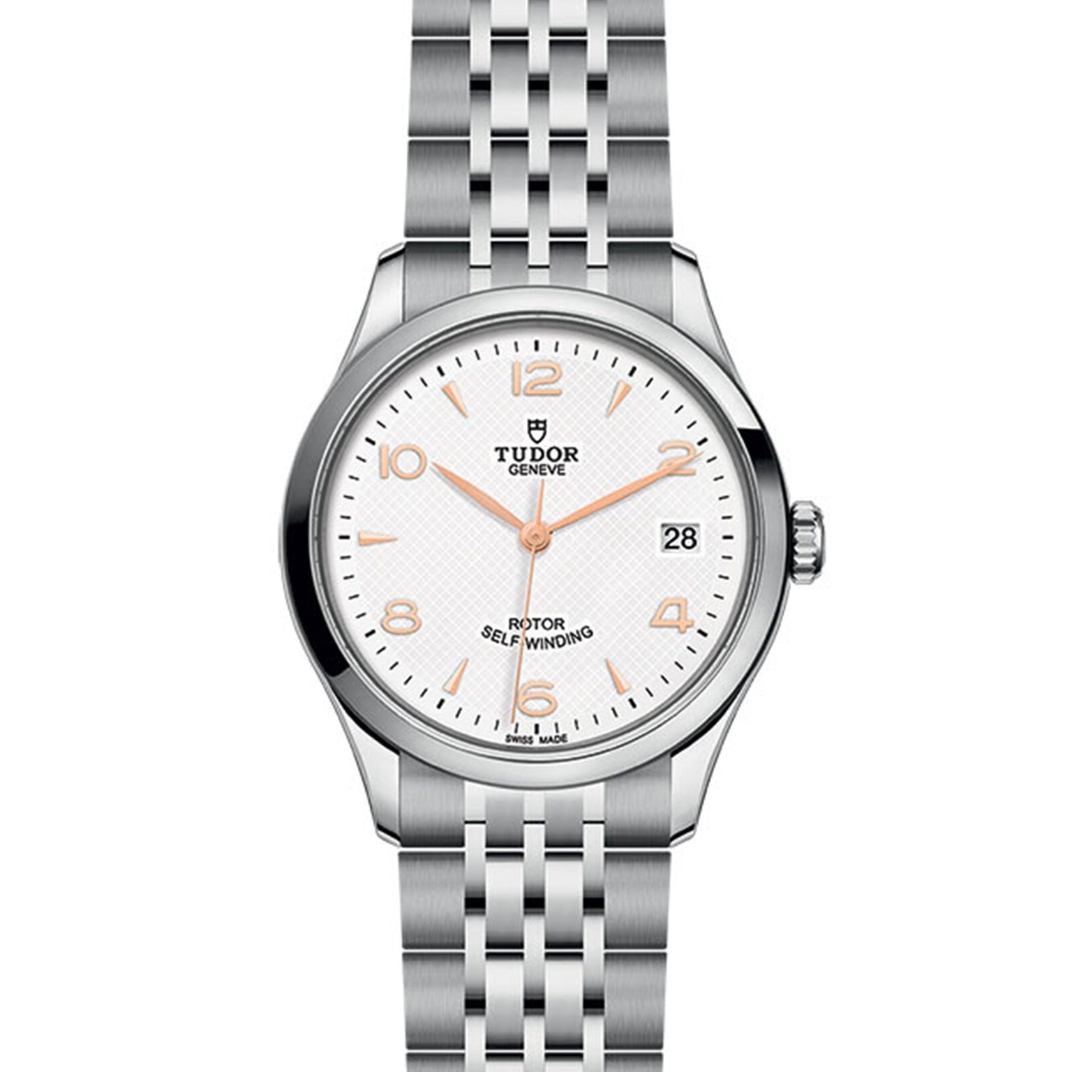 The TUDOR 1926 is a classic silver wristwatch with a white textured dial, gold-tone hour markers, date window at 3 o’clock, and a stainless steel link bracelet—a timeless choice for mechanical watch enthusiasts.