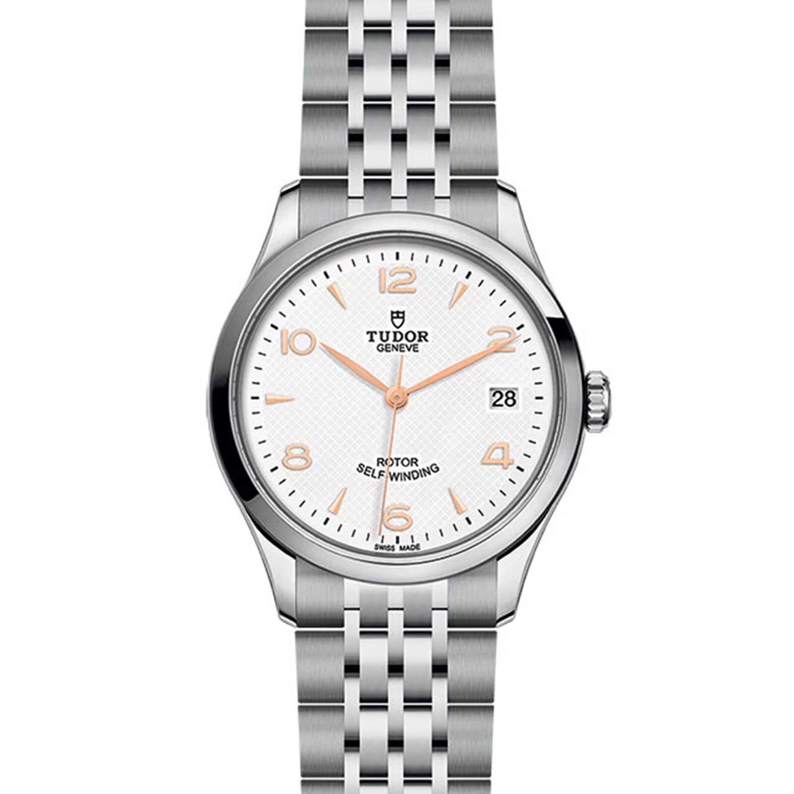The TUDOR 1926 is a classic silver wristwatch with a white textured dial, gold-tone hour markers, date window at 3 o’clock, and a stainless steel link bracelet—a timeless choice for mechanical watch enthusiasts.