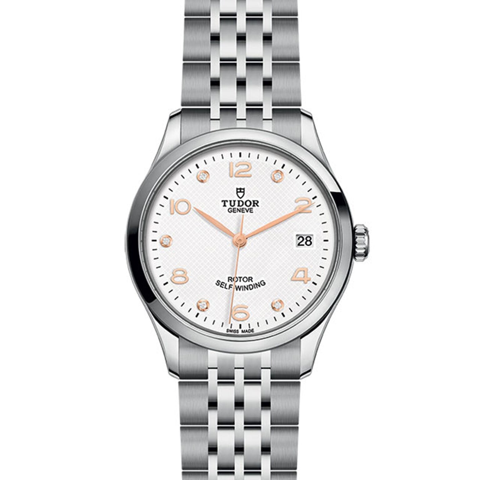 The TUDOR 1926 wristwatch features a silver metal bracelet, white textured dial, gold hour markers and hands, plus a date window at 3 oclock—a refined homage to classic mechanical timepieces.