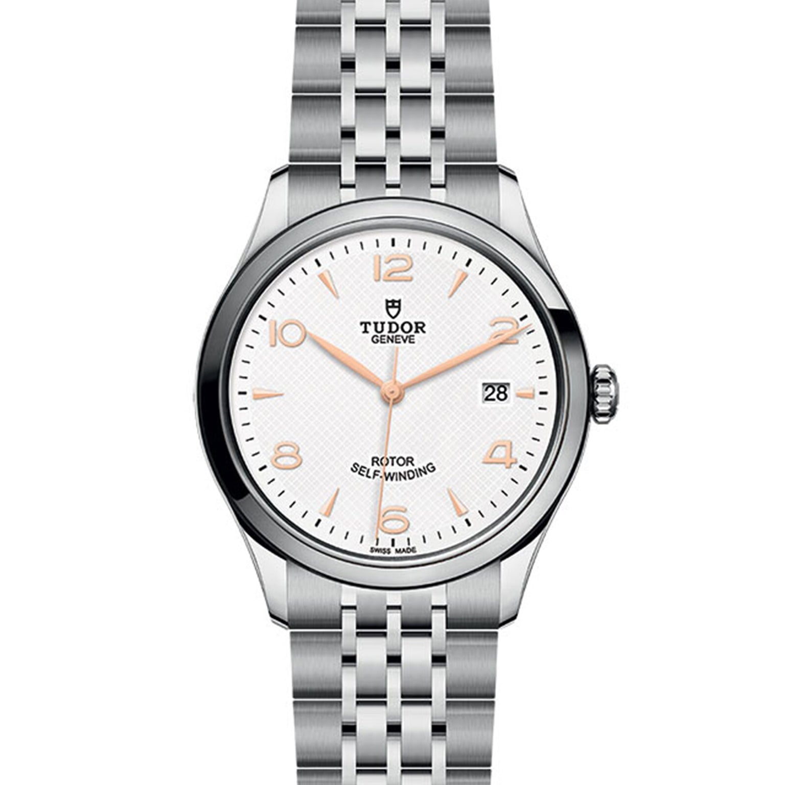 The TUDOR 1926 is a stainless steel wristwatch with a white dial, gold hour markers, date display at 3 oclock, and a silver link bracelet.