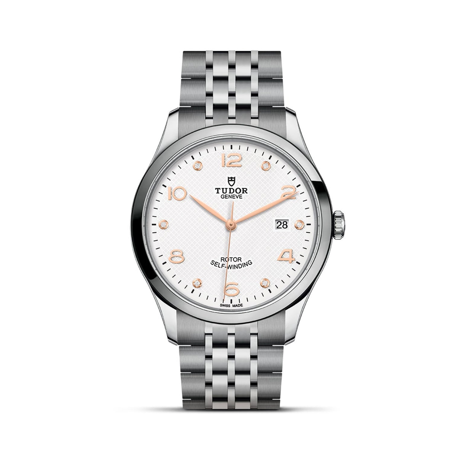 The TUDOR 1926 is a classic stainless steel wristwatch with a white textured dial, gold hour markers, date display at 3 o’clock, and a silver link bracelet—a timeless example of refined watchmaking.