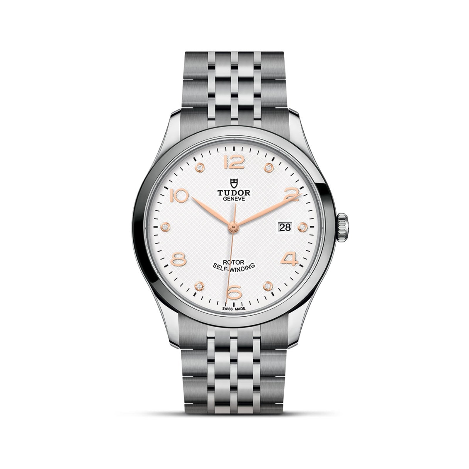 The TUDOR 1926 is a classic stainless steel wristwatch with a white textured dial, gold hour markers, date display at 3 o’clock, and a silver link bracelet—a timeless example of refined watchmaking.