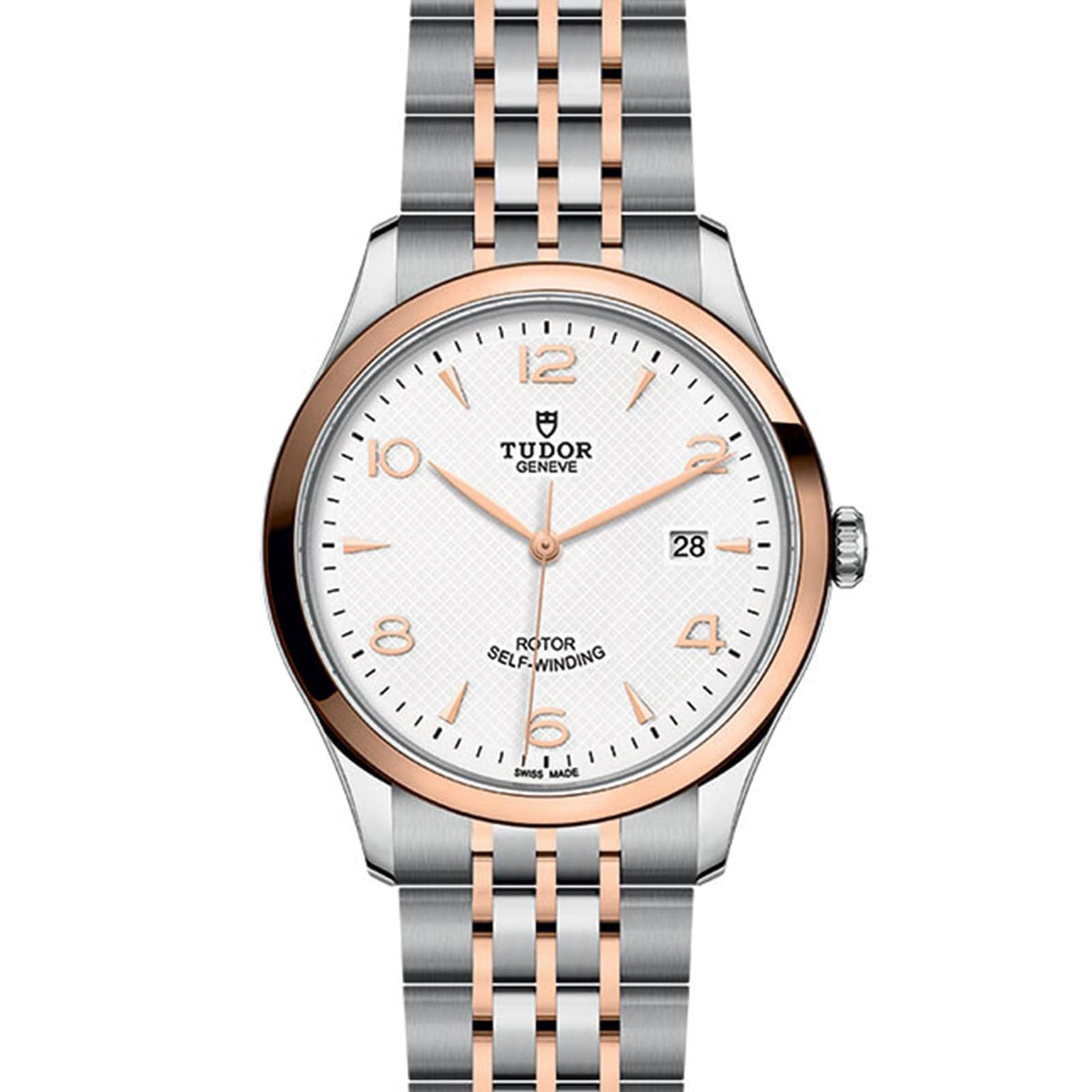 The TUDOR 1926 wristwatch features a silver and rose gold bracelet, white textured dial, gold hour markers, date display, and Rotor Self-Winding text—an elegant testament to TUDOR’s tradition of fine mechanical timepieces.