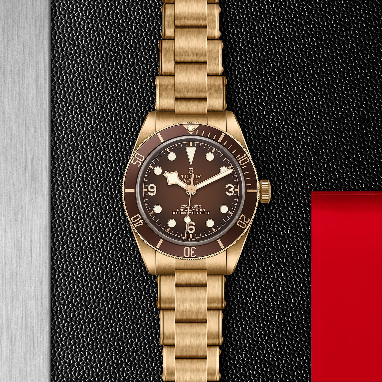 A TUDOR Black Bay 58 Bronze wristwatch with a bronze case and brown bezel and dial, showcased on a textured black surface with red and silver borders.