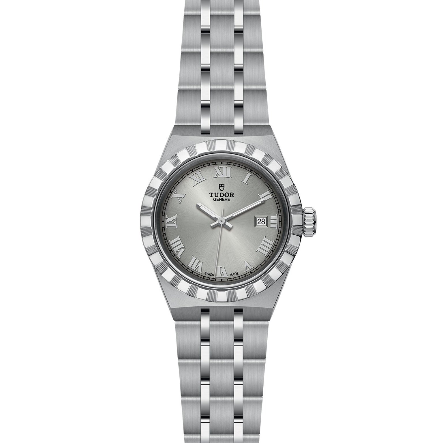 The TUDOR Royal is a stainless steel wristwatch featuring a silver dial, Roman numerals, date at 3 o’clock, and a classic link bracelet—an icon of sport-chic style.