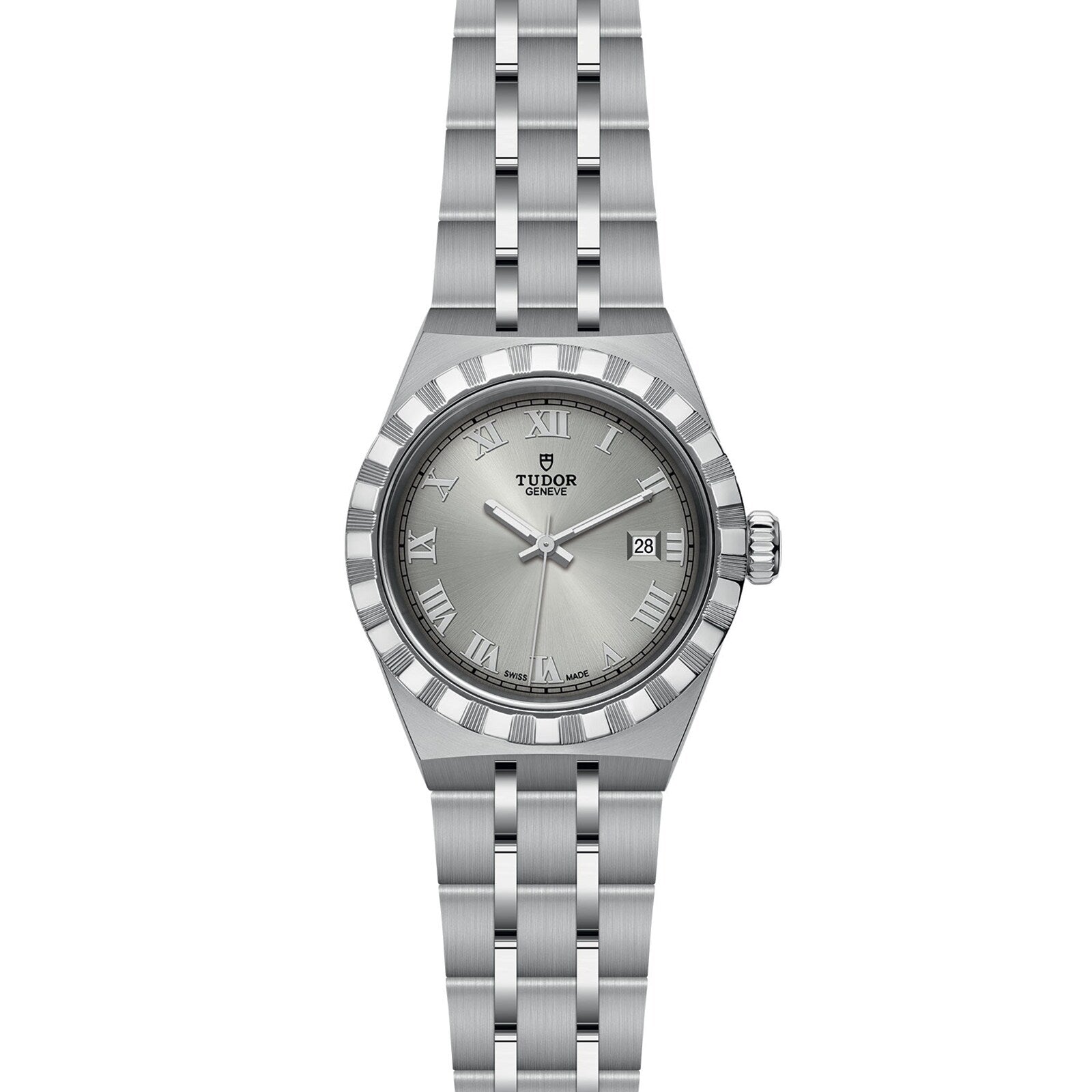 The TUDOR Royal is a stainless steel wristwatch featuring a silver dial, Roman numerals, date at 3 o’clock, and a classic link bracelet—an icon of sport-chic style.