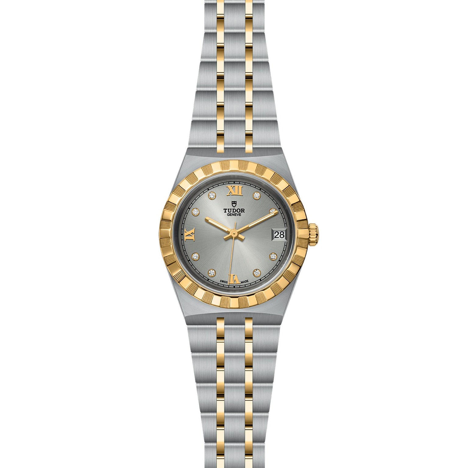 The TUDOR Royal combines sport-chic style and elegance with a stainless steel and gold band, gold bezel, silver dial, Roman numerals, diamond markers, and a date window at 3 oclock.