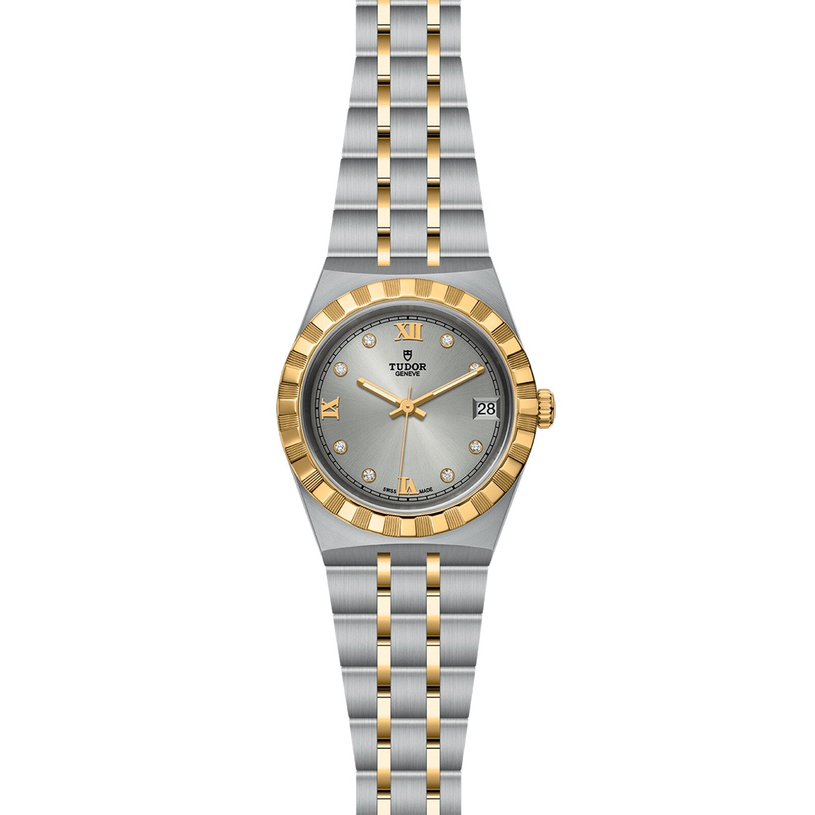 The TUDOR Royal combines sport-chic style and elegance with a stainless steel and gold band, gold bezel, silver dial, Roman numerals, diamond markers, and a date window at 3 oclock.