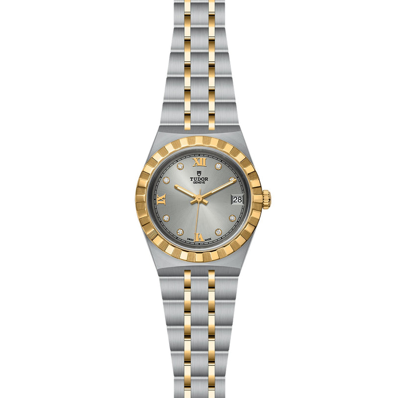 The TUDOR Royal combines sport-chic style and elegance with a stainless steel and gold band, gold bezel, silver dial, Roman numerals, diamond markers, and a date window at 3 oclock.