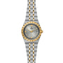 The TUDOR Royal combines sport-chic style and elegance with a stainless steel and gold band, gold bezel, silver dial, Roman numerals, diamond markers, and a date window at 3 oclock.