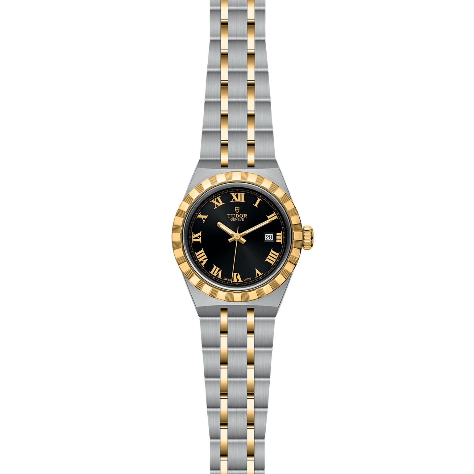 The TUDOR Royal features a black dial, gold Roman numerals, a stainless steel and gold two-tone bracelet, and a date display at 3 o’clock—an elegant automatic watch from TUDOR’s sport-chic collection.