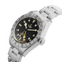 The TUDOR Black Bay Pro wristwatch features a black dial, date display, and silver band, shown at an angle.