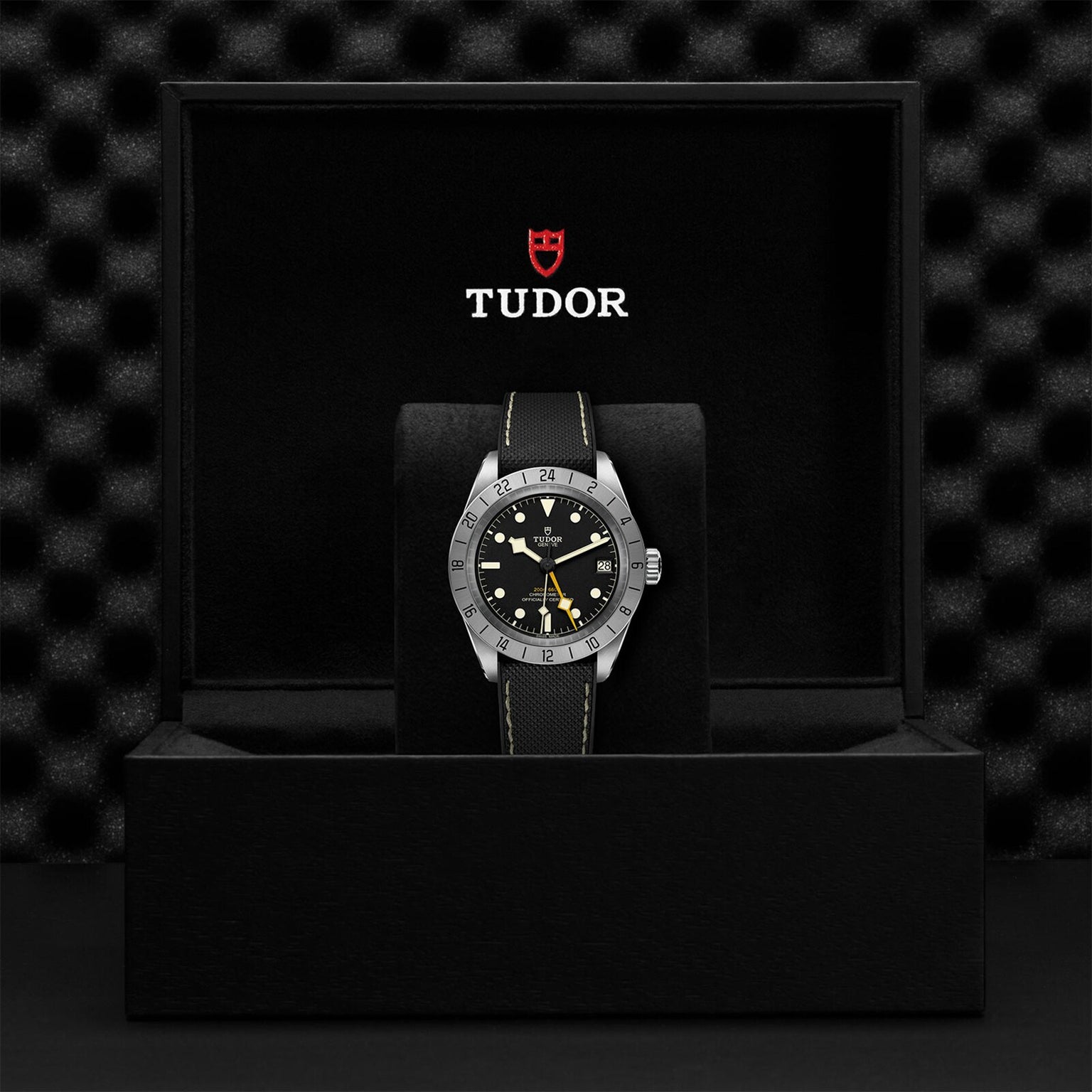 A TUDOR Black Bay Pro wristwatch with a black strap is displayed in a black TUDOR-branded box.