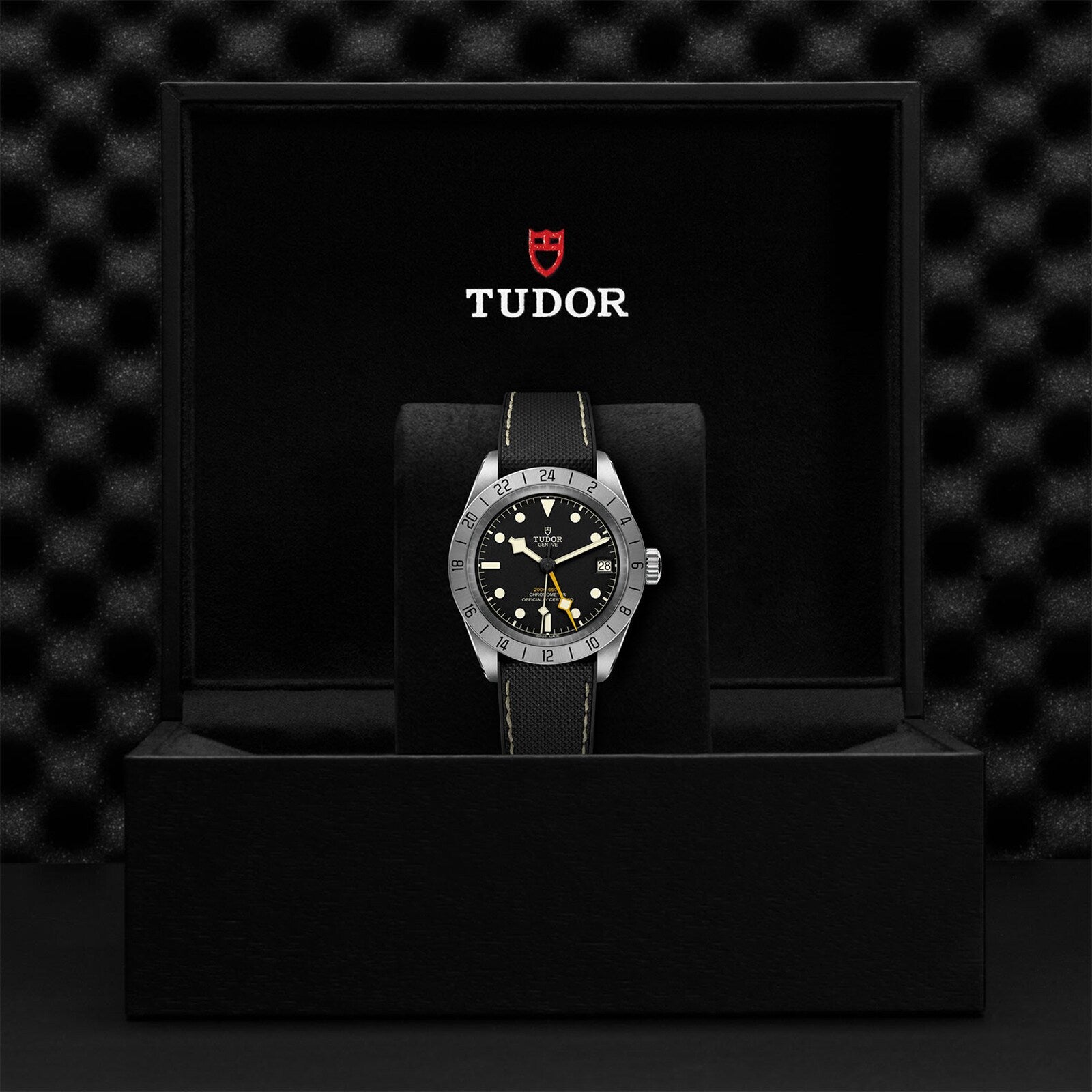 A TUDOR Black Bay Pro wristwatch with a black strap is displayed in a black TUDOR-branded box.