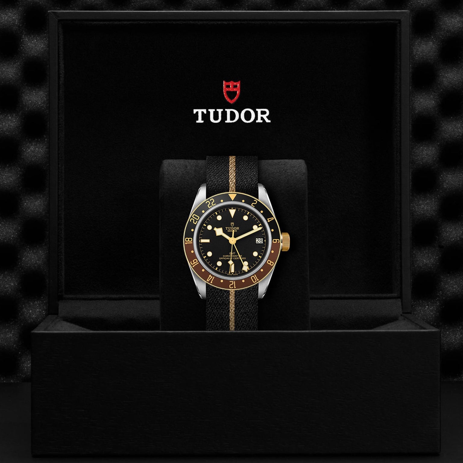 A TUDOR Black Bay GMT S&G wristwatch with a black and gold bezel and black fabric strap is displayed upright in an open black box, featuring the TUDOR logo on the inside lid—highlighting its diver’s watch heritage.