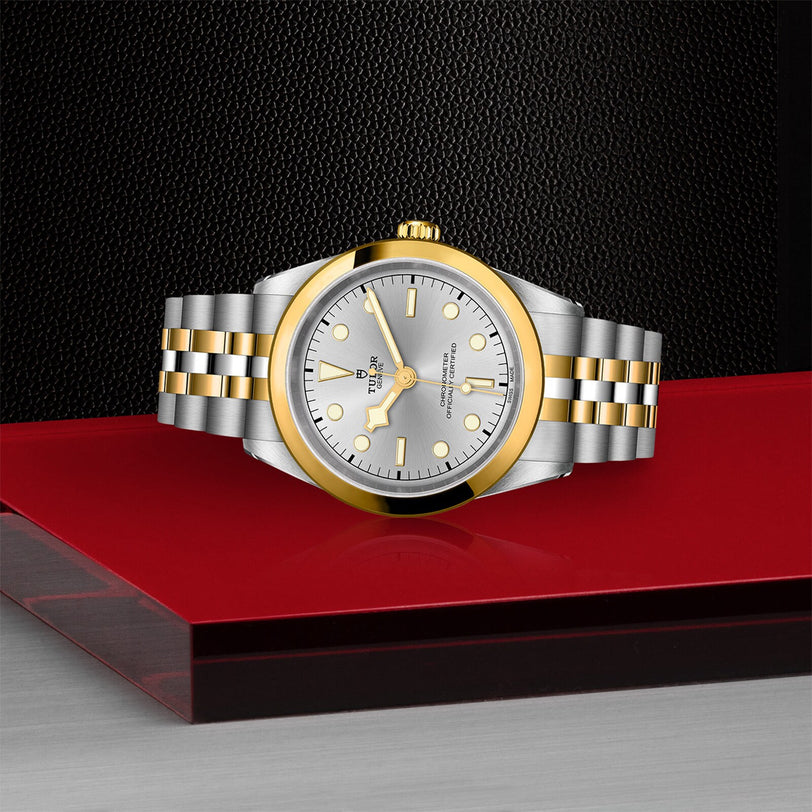 A two-tone silver and gold TUDOR Black Bay One 41 S&G watch rests on a red and metallic surface with a textured black background.