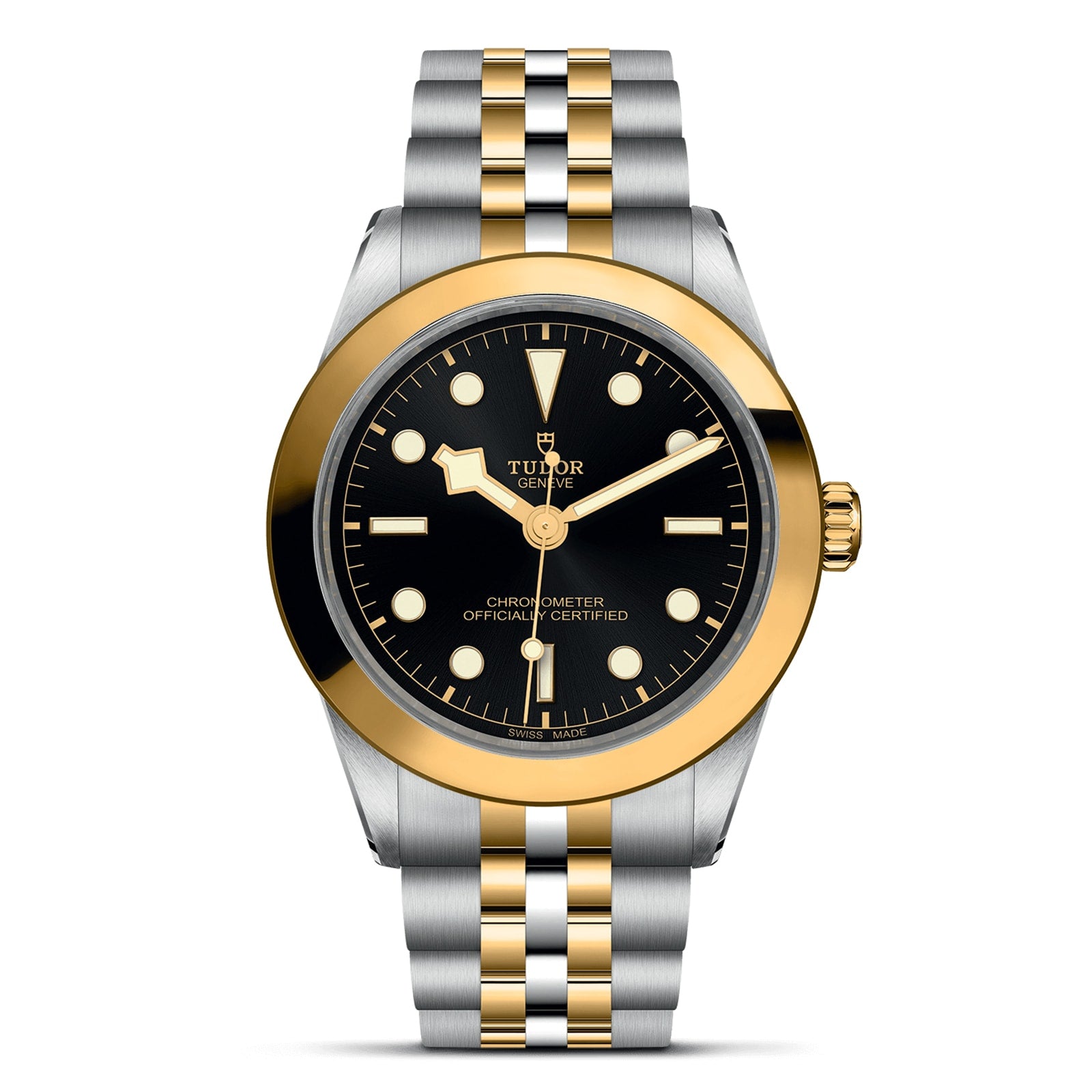 The TUDOR Black Bay One 39 S&G wristwatch features a black dial, gold bezel, two-tone silver and gold bracelet, and luminous hour markers—an elegant addition to the TUDOR collection.