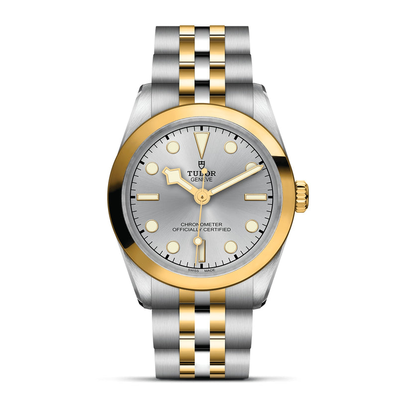 The TUDOR Black Bay One 31 S&G wristwatch, inspired by Black Bay diving watches, features a silver dial, gold bezel, two-tone bracelet, and gold hour markers and hands.