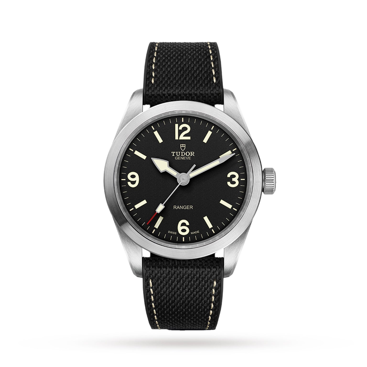 A TUDOR Ranger wristwatch with a black dial, white Super-LumiNova numerals, and a fabric strap is shown against a plain white background.