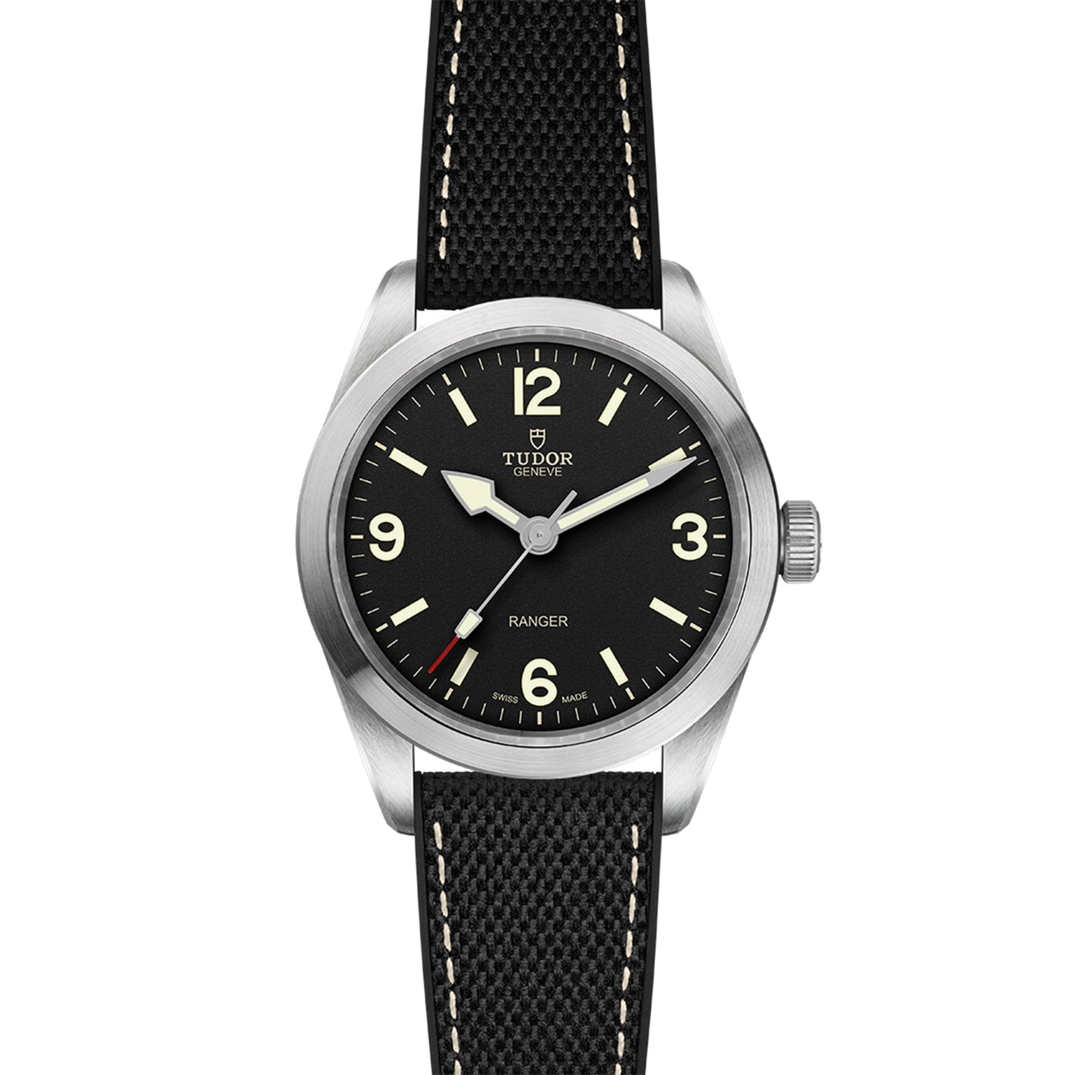The TUDOR Ranger wristwatch features a black dial with Super Luminova numerals at 12, 3, 6, and 9, a silver case, and a black textured strap with white stitching.